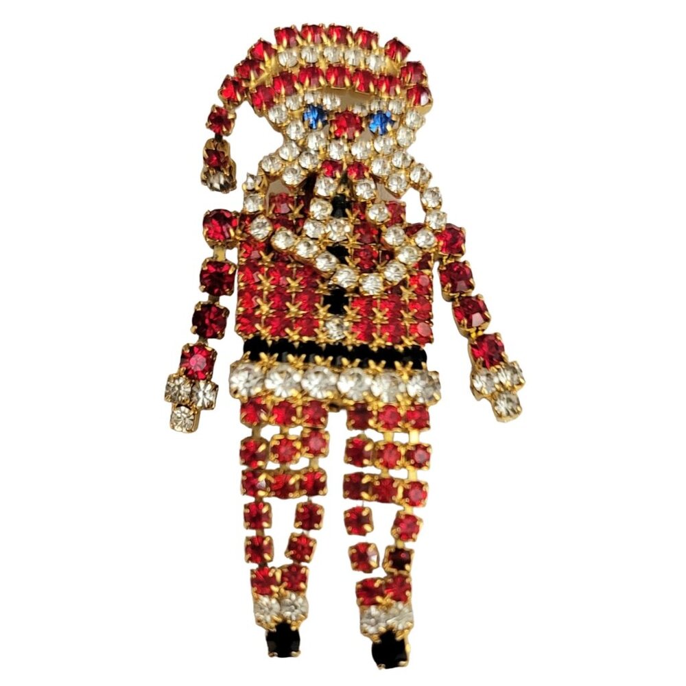 Santa Claus Red Clear Rhinestone Articulated Holiday Pin Brooch